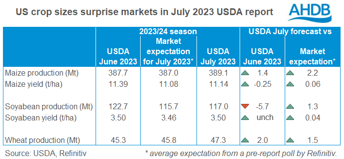 Table showing how the latest US crop forecasts compare to market expectations